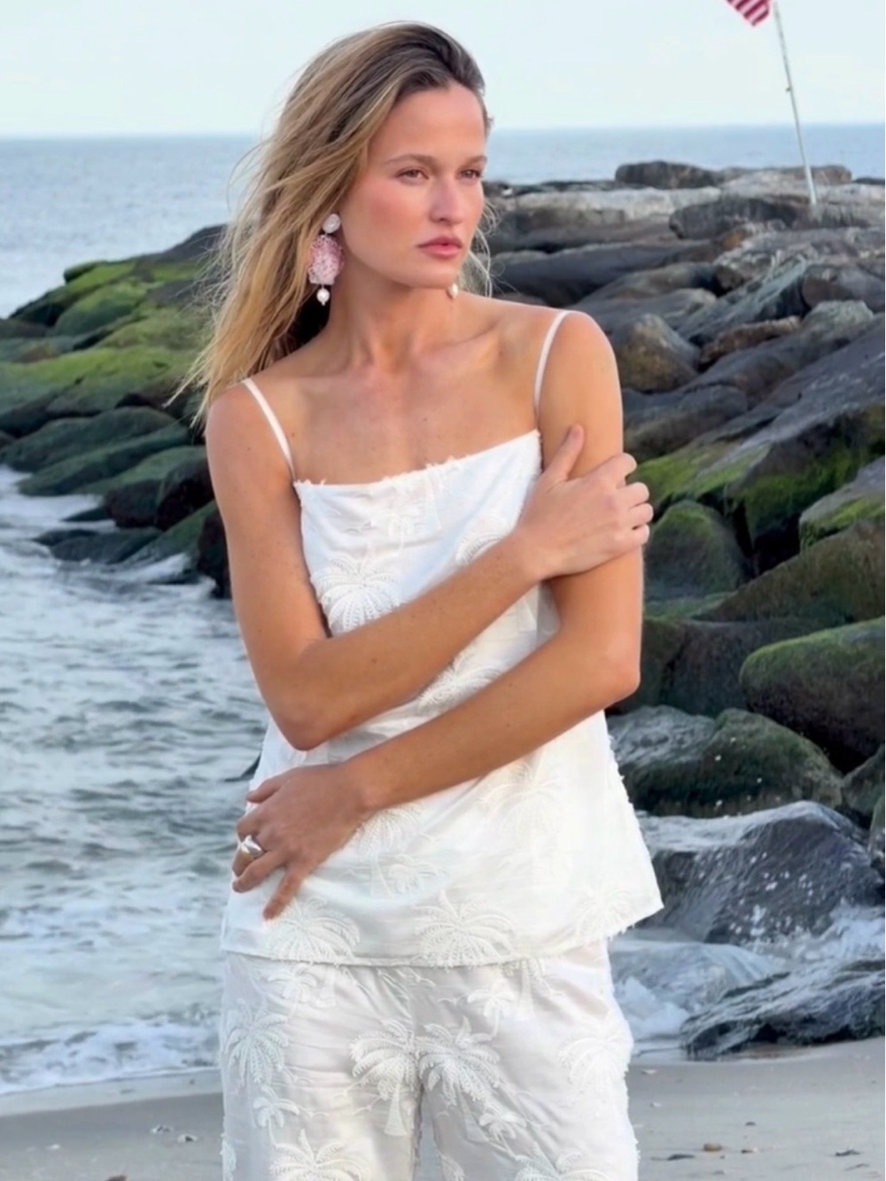 Few Moda Caara Morgan Women's Cream Embroidered Wide-Leg Pants Set